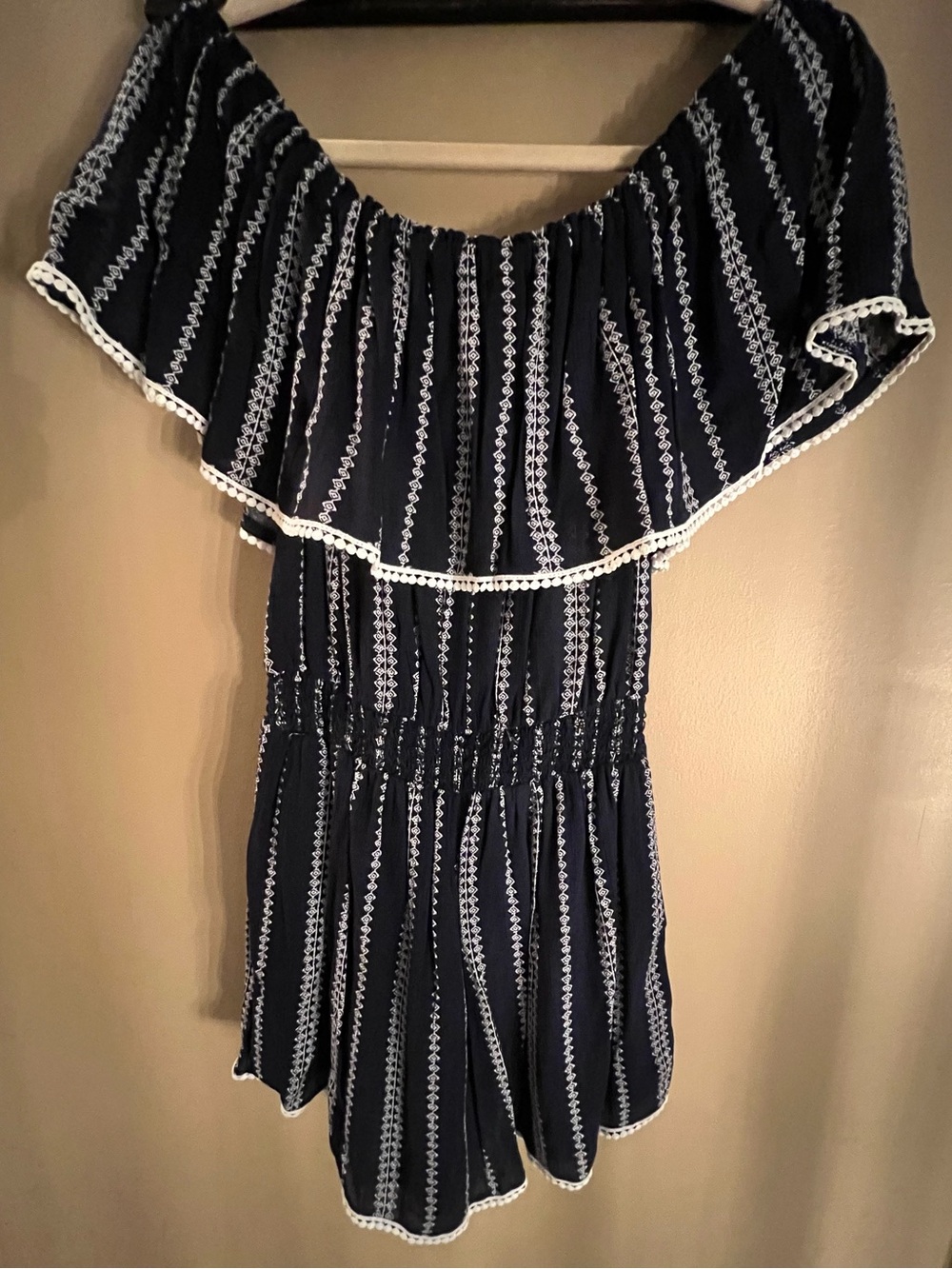 Lulu's Navy Stripe Off-Shoulder Women’s Romper with White Trim